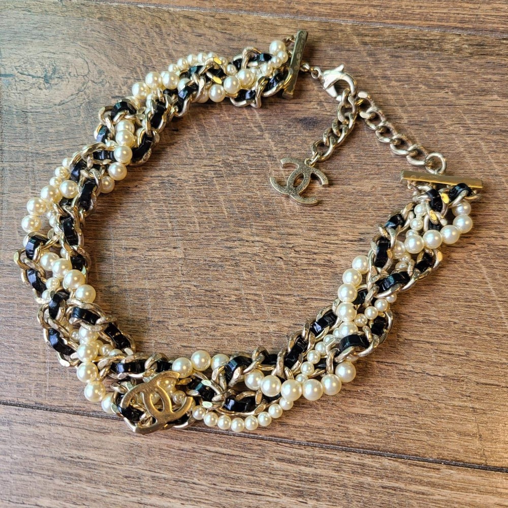 Chanel Choker Necklace OS Gold Black Pearl Braided CC Logo Multi-Strand - Picture 6 of 10